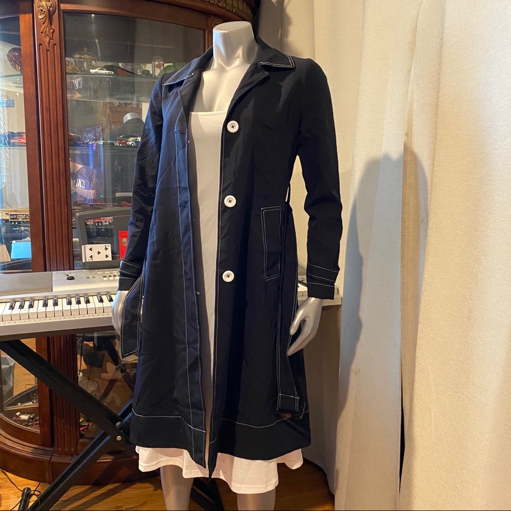 Contrast Stitch Navy Blue Trench Coat